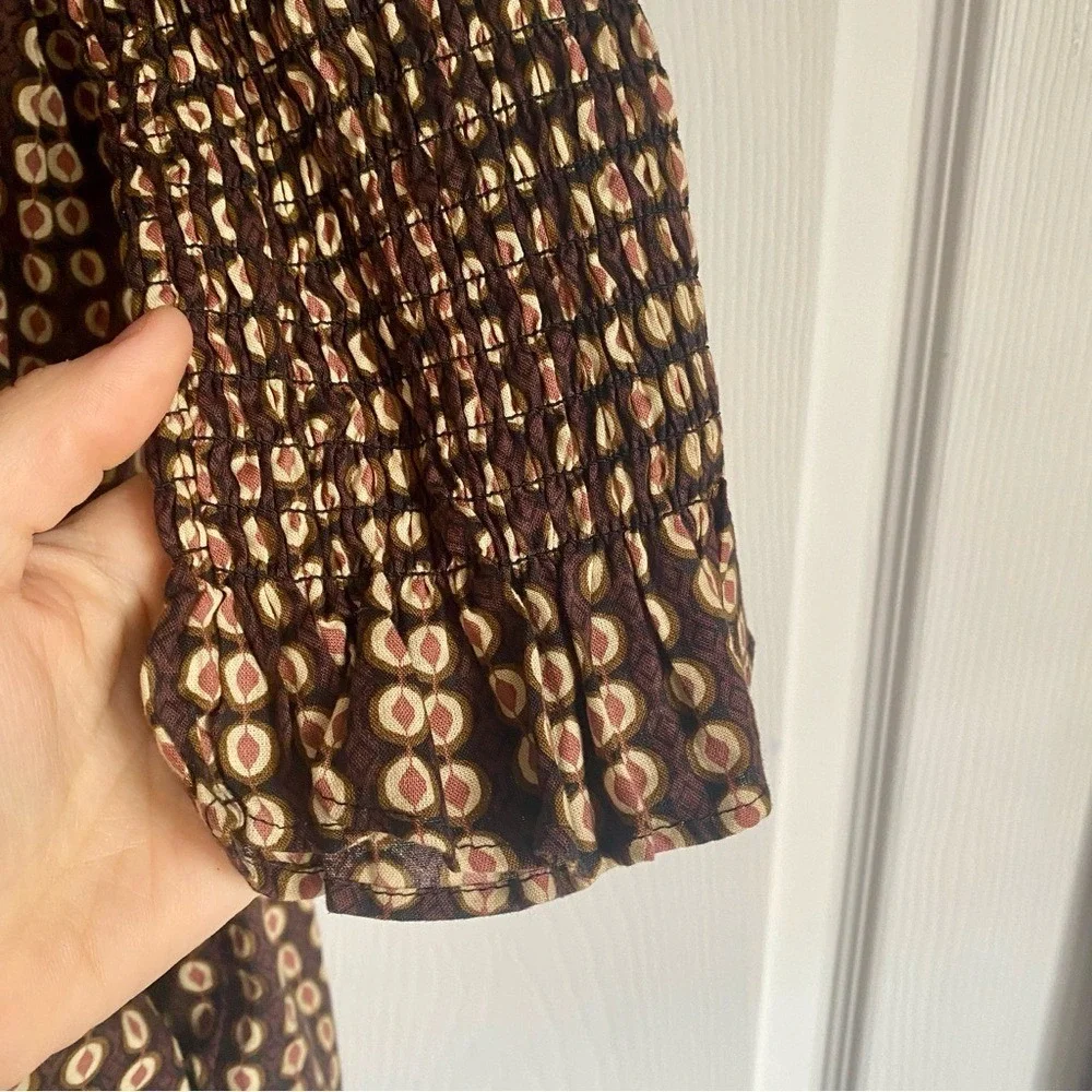 Free People Brown Geometric Print Smocked Sleeve Mini Dress Square‎ Neck SMALL